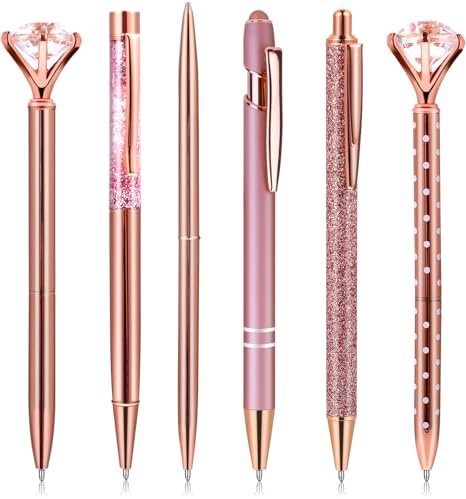 Kugelschreiber Rosegold Set 6 Stück Metall Glitzer Kugelschreiber mit Großer Diamant Bürobedarf zum Schreiben Schreibwaren Rosegold für Frauen Mädchen Brautjungfer Hochzeit Büro Schule Zuhause