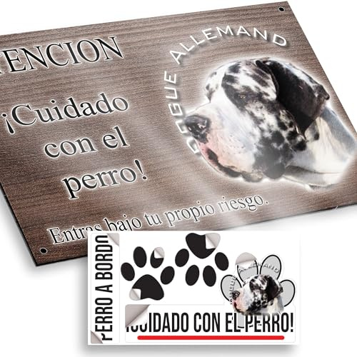 Dogo Alemán arlequín Cartel Cuidado Perro Peligroso 20x12,5cm - Diseño Madera Marrón Dibond con Pegatina Coche 20x5cm