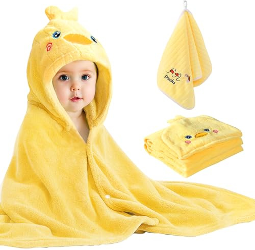 Baby handduk huva badhanddukar 80 x 120 cm, baby badhandduk Uce-handduk barnset, superabsorberande badrock, handduk med huva och 25 x 50 cm handdukar pojkar och flickor (gul)
