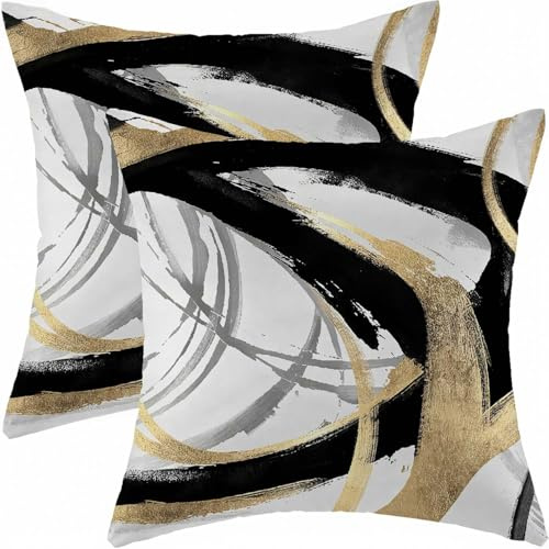 ViaElayu Kissenbezug 50x50 Schwarz Gold Herbst Kissen Boho Kissenbezüge Grau Weiß Zierkissenbezug Modern Abstrakte Kissenhüllen Samt Sofakissen Couchkissen Wohnzimmer Outdoor Sofa Deko 2er Set