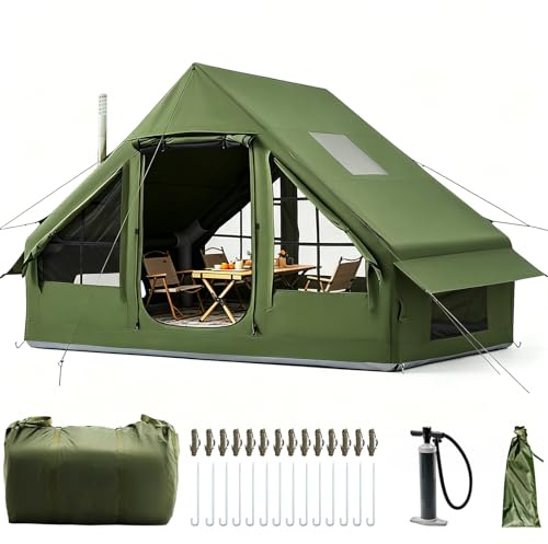 Afitdon Inflatable Camping Tent with Opening for Fireplace and Skylight, Inflatable Tent for 2 to 10 People with Air Pump, Inflatable Tent in Waterproof Oxford Fabric for All Seasons