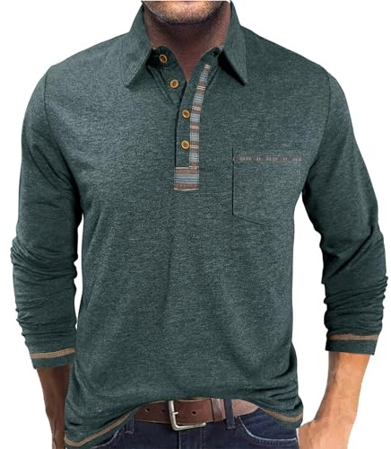 PRIVIMIX Mens Polo Shirts Long Sleeve Basic Golf Rugby Shirt with Pocket Casual Polos T-Shirts Work Tops with Plaid Collar Green L
