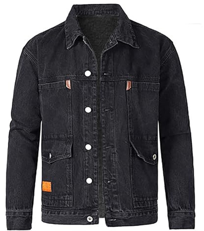Jeansjacka för män 4 XL, collegejacka med button down och många fickor, denimjacka, ledig revers övergångsjacka, cargo enkel sportjacka, utomhus, blousonjacka, enfärgad, klassisk sweatjacka, svart