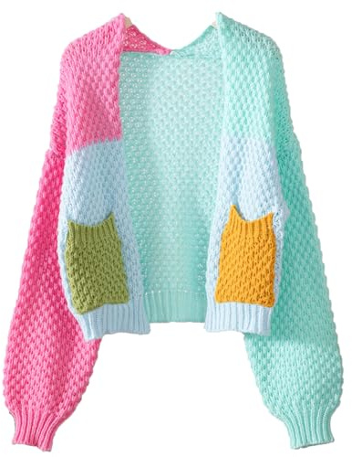 JASCLS Women's Color Block Open Front Long Sleeve Ribbed Knit Cropped Cardigan Sweaters Pink Green