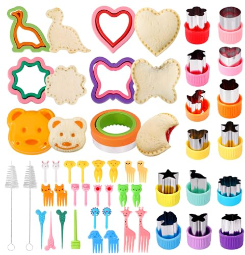 SACBRZZ Cortadores De Galletas 48 Pieces, Moldes De Moldes Galletas Acero Inoxidable, Cortadores De Moldes Sandwich Niños Dinosaurio Corazón Estrella Oso,Cortador De Frutas Y Verduras Con Tenedores De