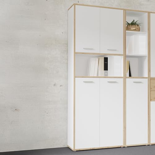 Forte KEFLAVIK Büroregal 80 90, modernes Büroregal mit offenem Fach und 4 Schranktüren, Holzwerkstoff, Artisan Eiche Holzdekor | Weiß, 84,5 cm breit x 226,5 cm hoch x 41,5 cm tief