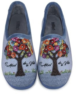 Zapatillas de Casa El Árbol de la Vida, Pantuflas de Fieltro Azul con Flores Multicolor, Diseño Bordado, Suela Antideslizante (Azul, Sistema tallas calzado EU, Adulto, Mujer, Números, mediano, 37)