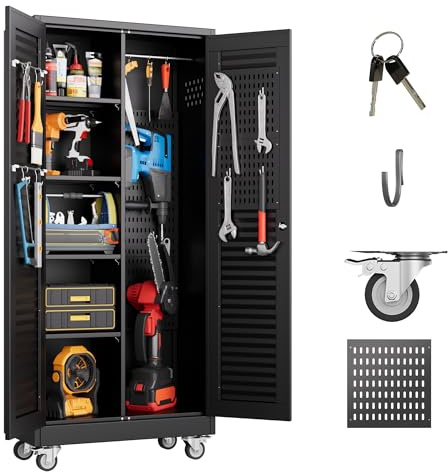 Reemoon Mop and Broom Closet Storage Cabinet with Wheels and Pegboard,Metal Garage Storage Cabinet with Doors and Adjustable Shelves for Garage Home,Required Assembly,Black