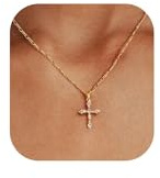WATEFOER Collier Croix pour Femme, Collier Pendentif Croix Plaqué Or 18K Élégant Chaîne Ras du Cou avec Zircone Chretienne Cadeau Bijoux pour la Saint-Valentin Pâques la Fête des Mères (Or)