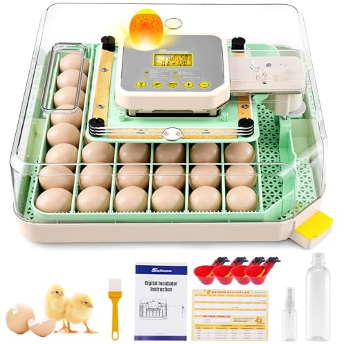 Sailnovo Incubadora de Huevos Automática 48 Huevos con Control Preciso Temperatura/Humedad, Volteador Automático de Huevos, Vista 360°, Ovoscopio Para Huevos, Para Gallina/Pato/Codorniz,Verde
