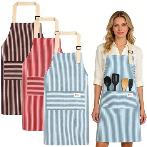 Disnace 3 Stück Schürze, Küchenschürze Damen Set, Kochschürze mit Tasche, Verstellbare Frauen Schürze aus Baumwolle Leinen für Kochen, Backen, Malen, Hausarbeiten