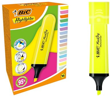 BIC Marking Flat Highlighter Pastel and Neon Pens with Chiselled Nib - Assorted Colours, Box of 16