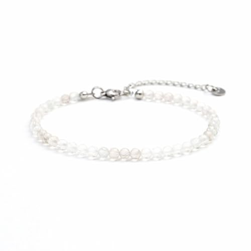 Kim Johanson® Damen Edelstahl Perlenarmband mit echten Natursteinen in Silber I Naturstein Armband mit 4mm Edelstein Perlen I Wasserfest | Boho Schmuck für Frauen | Verstellbar (Mondstein)