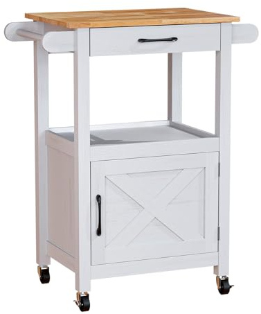 Bonnlo Carrello Cucina Mobile, Carrello Portaoggetti con Ruote, Cassetto e Armadietto, Piano di Lavoro in Legno, Bianco, Carrello Servizio per Sala da Pranzo, 74 x 63 x 89 cm