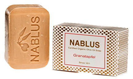 Nablus Soap Sapone all'olio d'oliva biologico al melograno, senza olio di palma, vegano, non profumato e idratante, adatto per tutti i tipi di pelle, molto adatto anche come sapone per capelli, 100 g