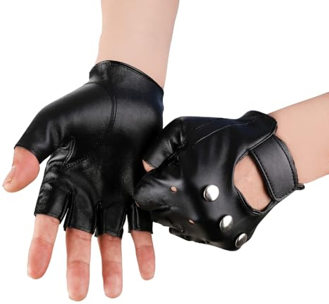JISEN Herren-Handschuhe, PU-Leder, Steampunk, Gothic, Halbfinger, Klettverschluss, Fäustlinge, Schwarz , Einheitsgröße