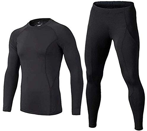 BUYKUD Kids' Boys Fleece Warm Long Sleeve Base Layer Compression Thermal Underwear Athletic Shirt Tights Top & Bottom Set, 12-13 Years, Fleece/Black