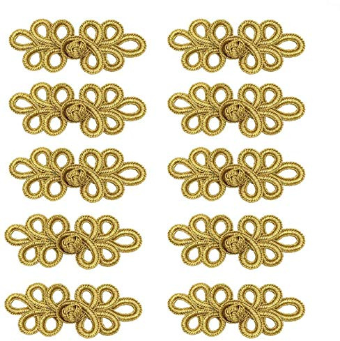 EvaGO 10 Pairs Chinese Knots Frog Buttons Closure Sewing Fasteners for Sweater Cloak Coats Scarf Cardigan and Costumes Outfit Sewing, Gold