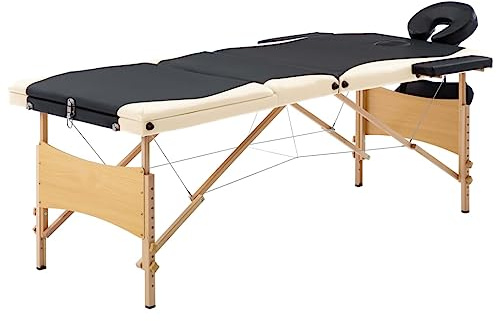 vidaXL Holz Massagetisch Klappbar 3 Zonen mit Tragetasche Therapie Massageliege Massagebank Kosmetikliege Therapieliege Massage Liege Schwarz Beige