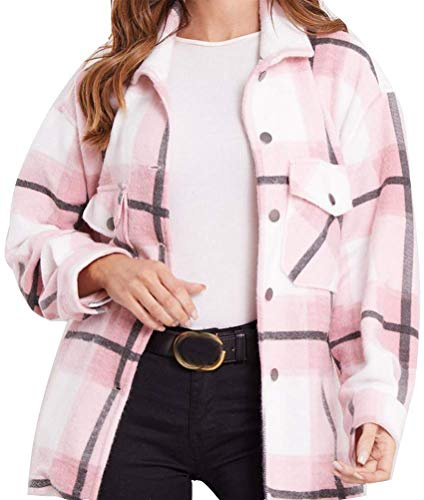Minetom Veste à Carreaux pour Femmes Mode Chic Manches Longues Plaid Blouse Chemisier Blouson Automne Hiver Oversize Manteau à Boutons Poches