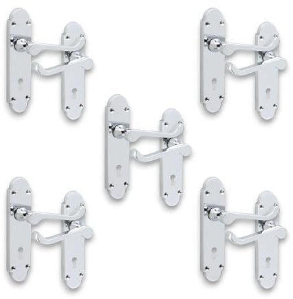 Infinity Decor Set of 5 Polished Chrome Victorian Scroll Oakley Lever Lock Pull Door Handle on Half Round Backplate - for Interior and Exterior Use