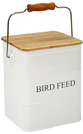 Brabtod Bird Seeds storage container,Bird Seed Container,Metal food tin for Birds, pet snacks Canisters with wooden lid/handle/sevice scoop,hold 5-6 lbs