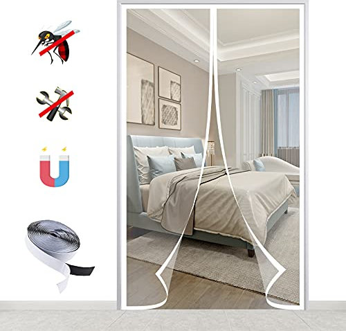 Magnet Fliegengitter Tür, Insektenschutz Balkontür Automatisches Schließen Fliegenvorhang Moskitonetz für Balkontür Wohnzimmer, Ohne Bohren-White-A|| 80x210cm(31x82inch)