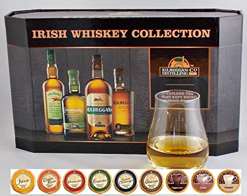 Cooley 4 irische Whiskey Miniaturen + Spey Dram Glas + 9 Edelschokoladen in 9 Sorten