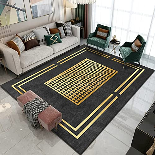 KeletiRug Klassischer Orientteppich, Schwarzes Gold geometrisch, Kurzflor Waschbarer Anti-Rutsch Ornamente Muster Teppich 90 x 200 cm