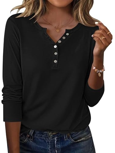 WNEEDU Donna Magliette Maniche Lunghe Henley T-Shirt Camicetta a Maglia Maglione Bottoni Scollo a V