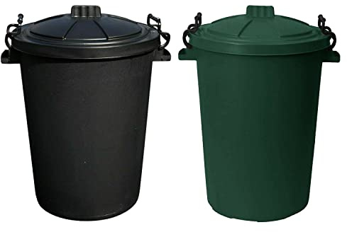 (𝐒𝐞𝐭 𝐎𝐟 𝟐) 50 Litre Clip Lock Storage Bin Large Dust Bin Food Grade Heavy Duty Plastic Kitchen Bin Waste Rubbish | Garden Compost Animal Feeding Bin - Made in UK. (Dark Green, Black)