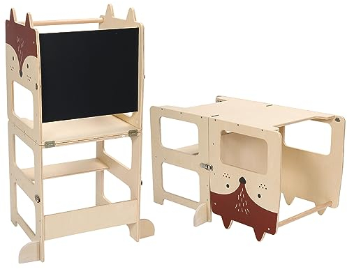 labebe Lernturm ab 1 Jahr（92 * 38.5 * 42cm）， klappbar Montessori Learning Tower，3 in 1 Montessori Lernturm Kinder mit Message Boards ab 1 Jahr aus Holzwerkstoff