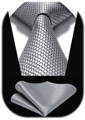 HISDERN Krawatten für Herren Grau Silber Krawatte mit Einstecktuch Formelle Klassische Hochzeit Herrenkrawatte und Taschentuch Set für Männer