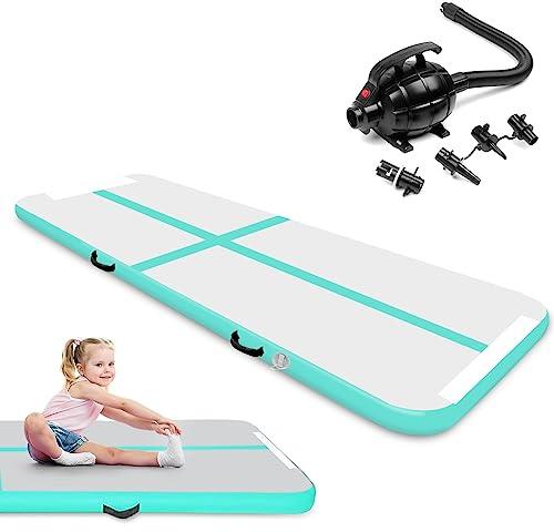 3 m/4 m uppblåsbar gymnastikmatta, 10 cm tjocklek, luftgolvmatta, torktumlare för hemanvändning/träning/yoga/vattenkul/pilates med elektrisk pump (3 m grön)