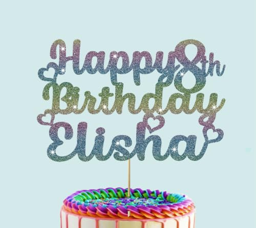 Personalised Birthday Glitter Cake Topper With Hearts Any Name & Age (rainbow)