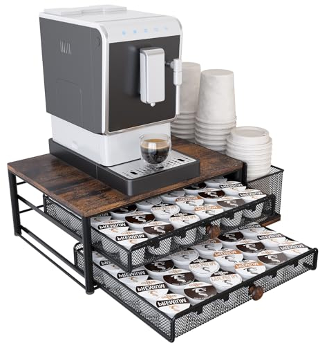 TQVAI Porta Capsule Confezione da 60 Capsule, Acciaio e Legno MDF, 2 Ripiani Cassetto Porta Cialde Caffè Organizer con 3 Fessure per Tazze, per Armadietto, Nero