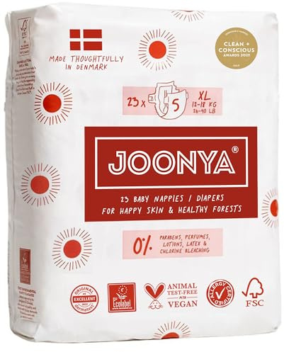 Joonya Baby Diapers, Size 5 XL (26-40 lb) - 1 Bag of 23 - Non Toxic, Eco-Friendly, High Absorbency, Overnight Use, Ultra Slim & Soft - Made in Denmark