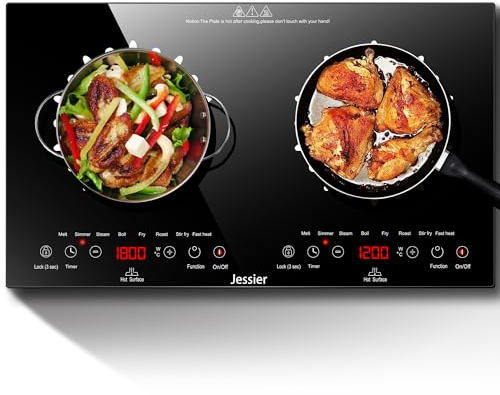 Jessier Double Ceramic Hob, 3600W Plug in Electric Hob Dual Zone, 60cm Built-in Cooktops with 2 Seperate Burners, 9 Power Levels, 4 Hour Timer, Safety Lock & Sensor Touch, 8 Modes Control, 220-240V
