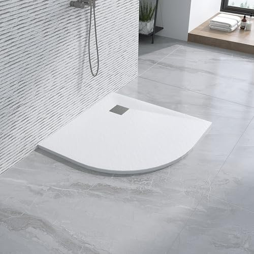Duschtasse 90x90 cm flach Viertelkreis halbrund weiß ebenerdig Steinoptik Anti-Rutsch Zuschneidbar ohne Siphon und Ablaufgarnitur
