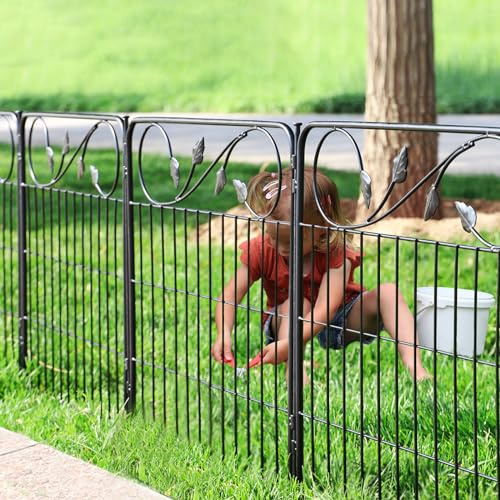FOREHOGAR Decorative Metal Garden Fence 24in(H) X10ft(L) 5 Panels Leaf Black Rustproof Wire Border Fence for Landscape Patio Flower Bed Garden Fencing Panel Animal Barrier for Dogs