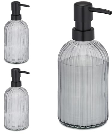 Relaxdays Glas Seifenspender, 3er Set, Pumpkopf, nachfüllbar, Badezimmer, Küche, Flüssigseifenspender, 400 ml, schwarz