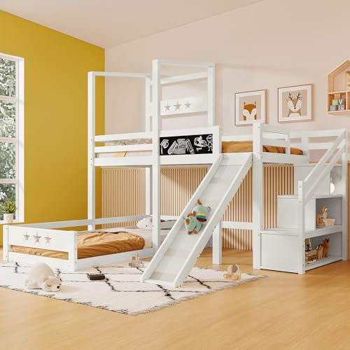 YESGIGA Kinderbett Etagenbett mit Tafel und Rutsche,Hochbett mit Leiter 90x200 cm Einzelbett mit Rausfallschutz, Holzbett für Kinder 2X Lattenrost- Weiß (Mit Stauraum)