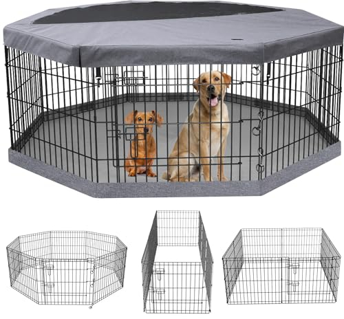 PETIME Foldable Metal Dog Exercise Pen/Pet Puppy Playpen Kennels Yard Fence Indoor/Outdoor 8 Panel 24 W with Top Cover and Bottom Pad (Playpen+Bottom+Top Cover, 8 Panels 36 H)