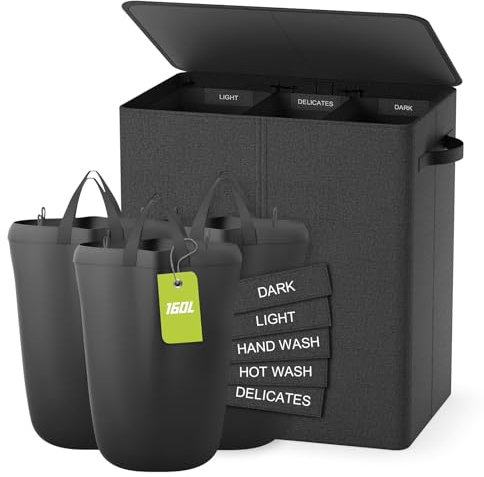 Wäschekorb Mit Deckel, 160L Extra Große Wäschekorb 3 Fächer Schmutzige Kleidung Hampers Für Wäsche Wäschesammler 3 Fächer Geteilt Für Schlafzimmer, Dunkelgrau