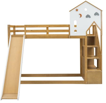 I0I&I0I Lit superposé pour enfant avec toboggan et escalier, lit cabane avec toit et fenêtre, 3 casiers dans l'escalier, 90 x 200 cm, en pin/MDF, design peu encombrant, idéal pour chambre d'enfant