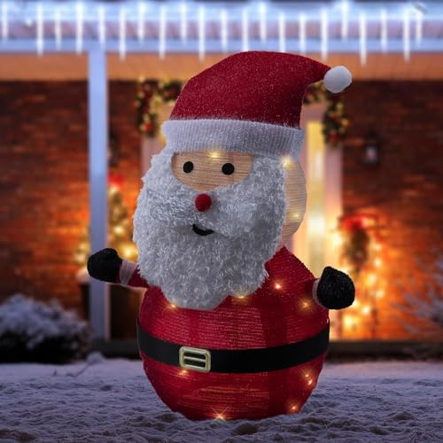 ECD Germany LED Weihnachtsmann mit Mütze, Bart & Handschuhe, 68cm hoch, Gartenfigur mit 30 warmweißen LEDs beleuchtet, Timer, batteriebetrieben, Innen/Außen, zusammenfaltbar, Dekofigur Weihnachtsdeko