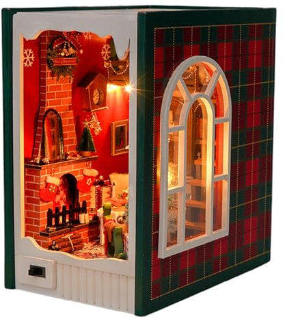 Book Nook Kit de serre-livres décoratifs miniatures | Modèle de maison de Noël en bois avec lumière LED pour filles