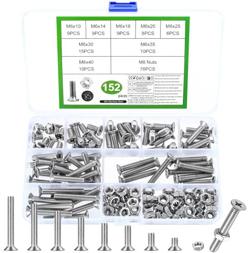 152 Pcs M6 Stainless Steel Cross-Phillips Countersunk Head Machine Screws and Nuts Kit