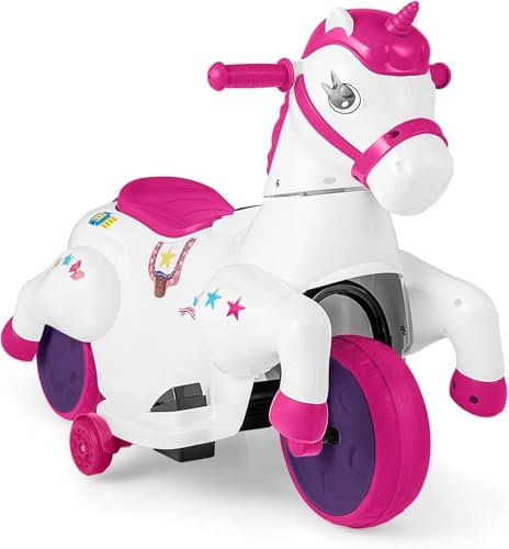 Fantaskk 2 lägen elektrisk motorcykel barn, rosa gunghäst 3 km/h, elmotorcykel musik och LED och stödhjul, elfordon för barn från 3 år