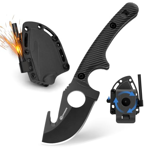 SPITZKANTE Cuchillo de Supervivencia HO-YN – Mini cuchillo de hoja fija para exteriores con clip giratorio de 360°, hoja de 6,2 cm, silbato integrado, cadena de bolas, color negro integral